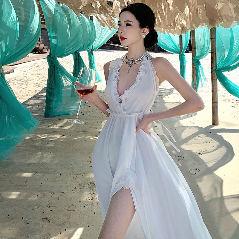 V-Neck Dress Plain Maxi A-Line Sleeveless Slit