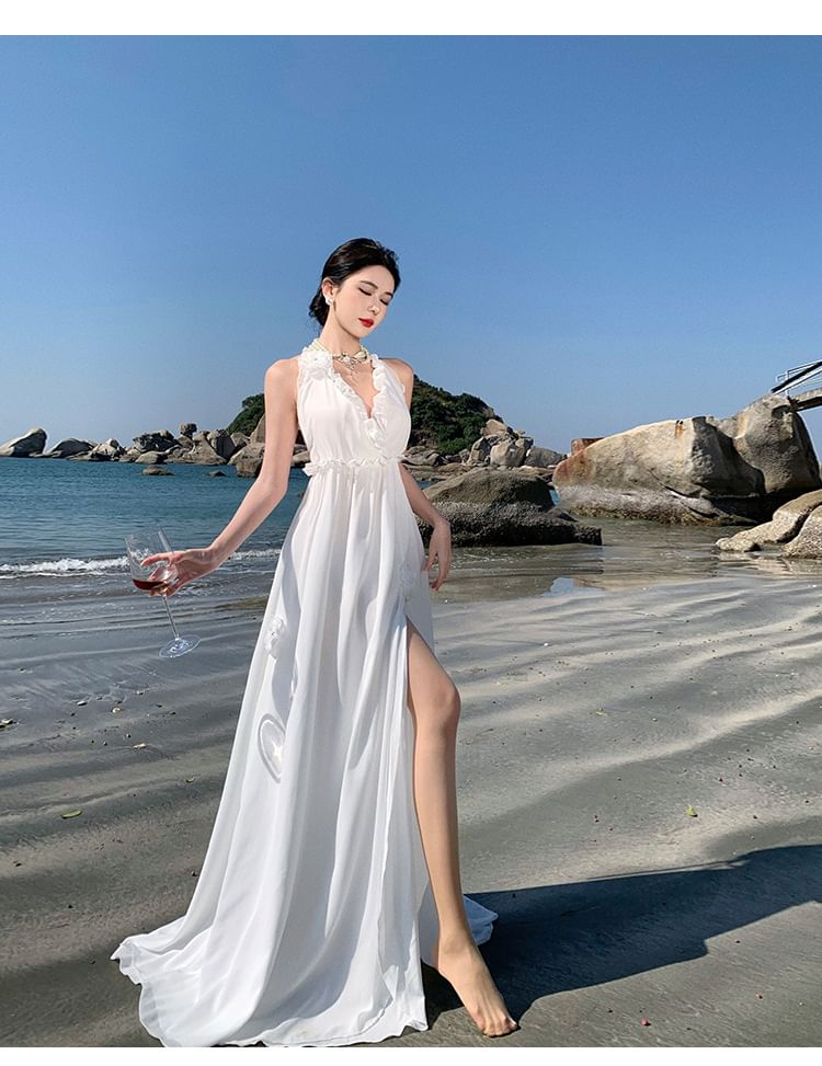 Slit Dress Sleeveless Plain V-Neck A-Line Maxi