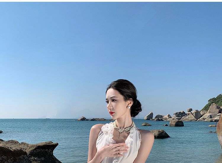 V-Neck Dress Plain Maxi A-Line Sleeveless Slit