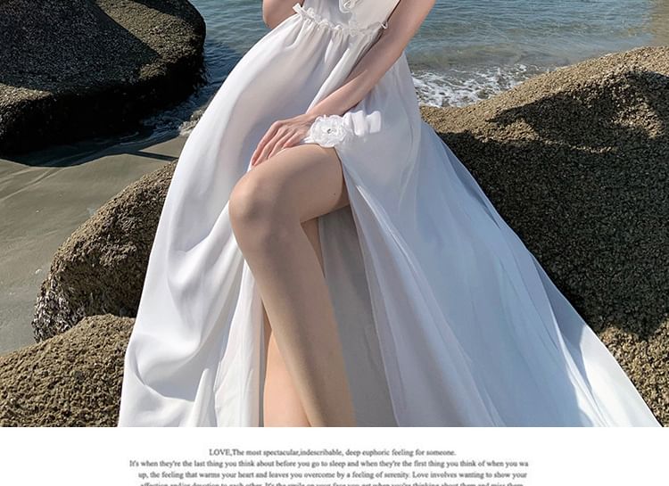 V-Neck Dress Plain Maxi A-Line Sleeveless Slit