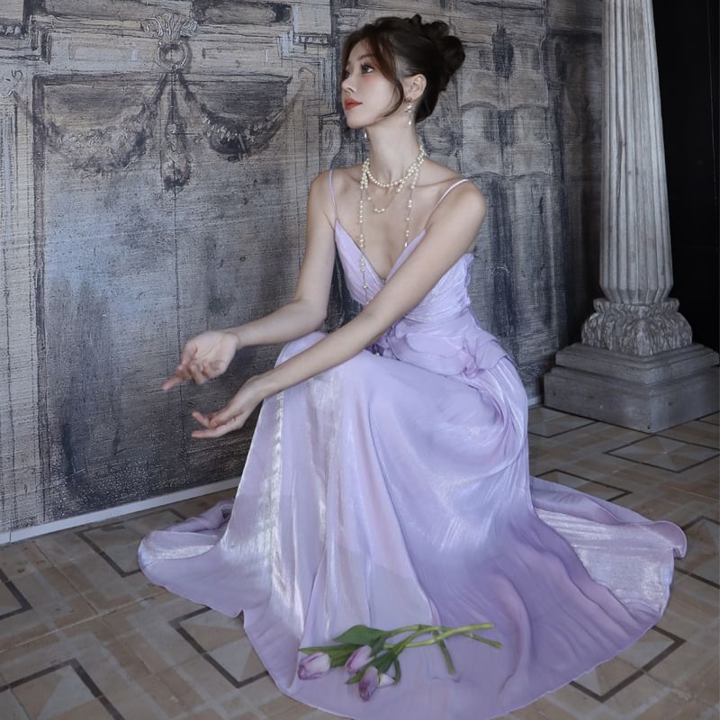 A-Line Strap V-Neck Dress Spaghetti Plain Trim Maxi Ruffle