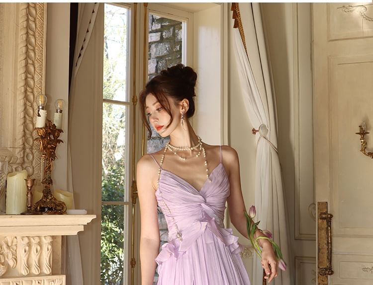 A-Line Strap V-Neck Dress Spaghetti Plain Trim Maxi Ruffle