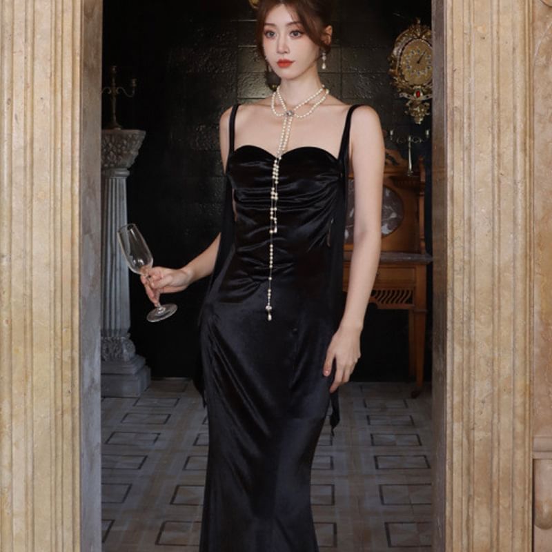 Maxi Plain Neck Dress Strap Ruched Sweetheart Sheath Spaghetti