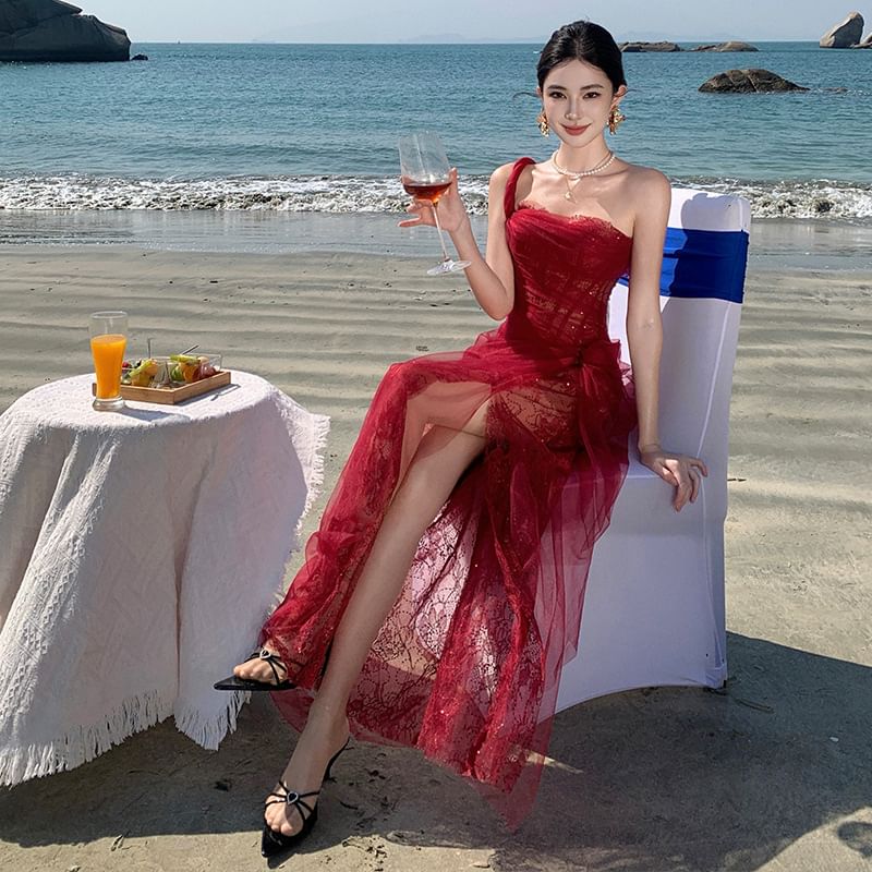 Maxi Sleeveless Evening One Ruffle Shoulder Sheer Sequin Gown