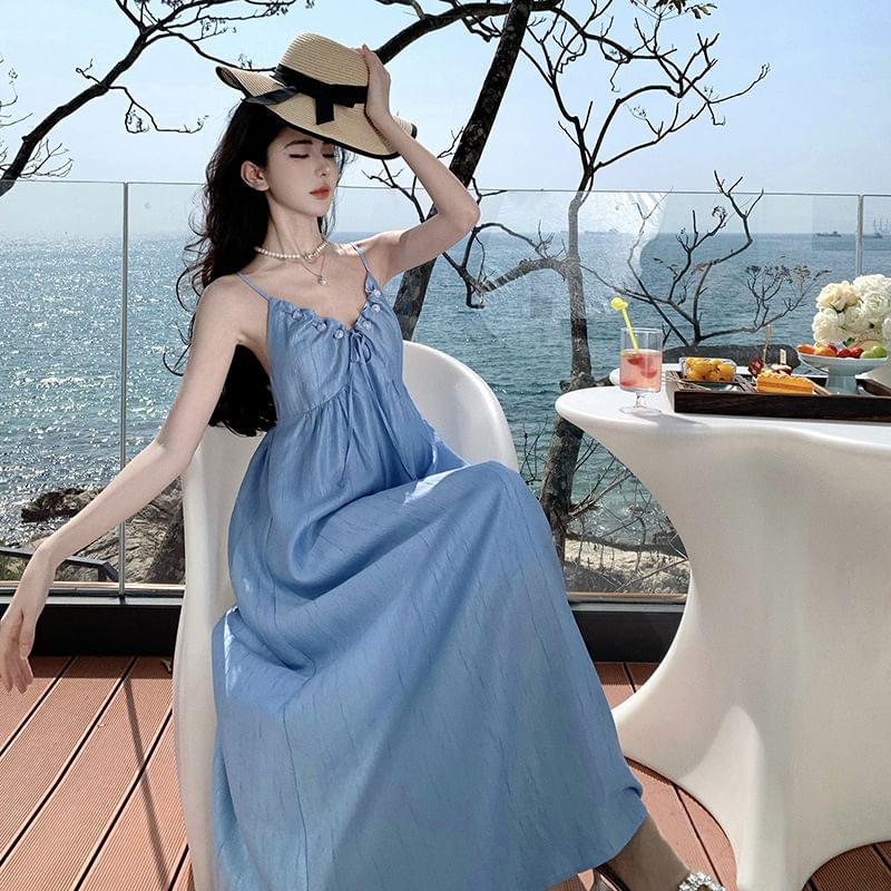 Strap Dress V-Neck Ruched Spaghetti A-Line Plain Maxi