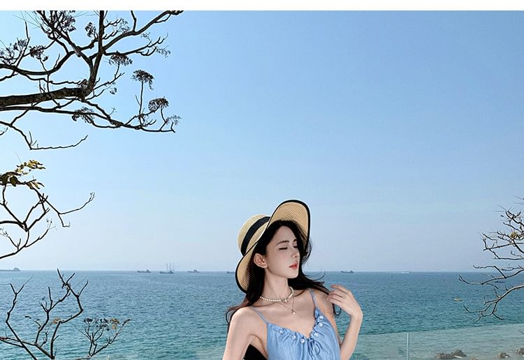 Strap Dress V-Neck Ruched Spaghetti A-Line Plain Maxi