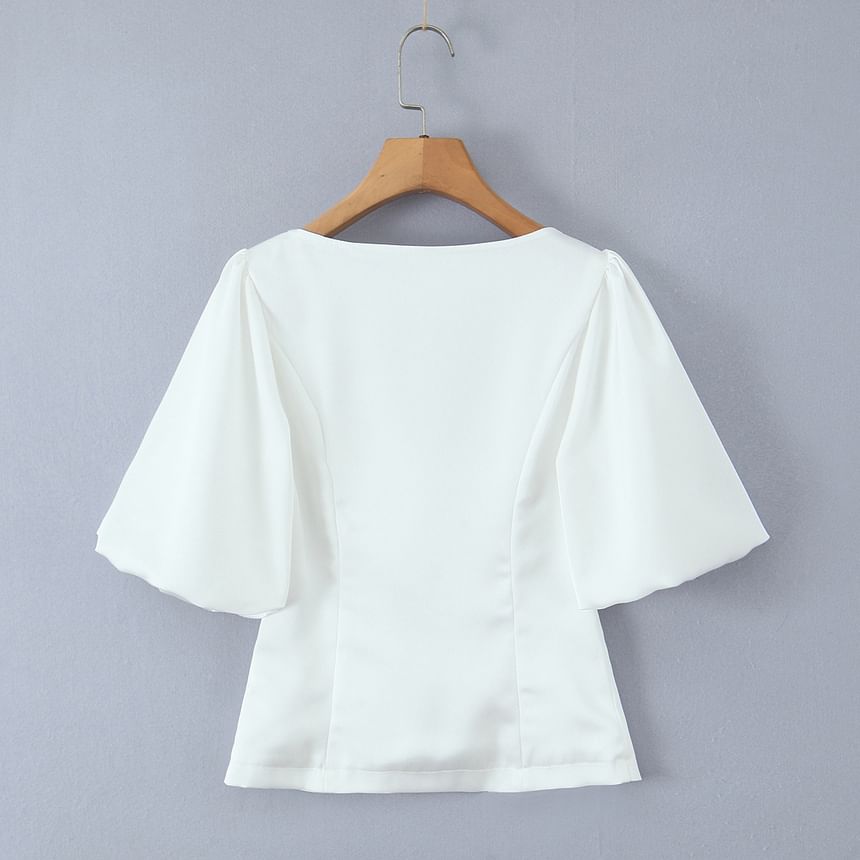 V-Neck Puff Sleeve Lace-Up Blouse & Layered Mini Skirt Set
