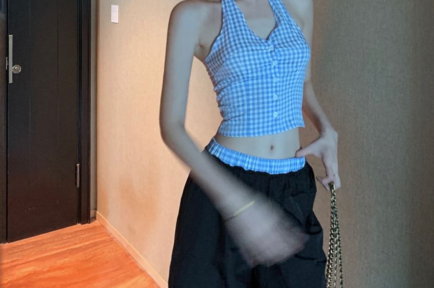 Pants V-Neck / Button-Up Low Wide Leg Crop Waist Top Halter Gingham