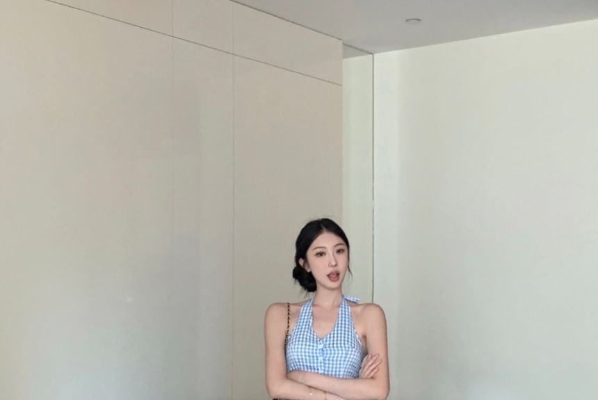 Pants V-Neck / Button-Up Low Wide Leg Crop Waist Top Halter Gingham