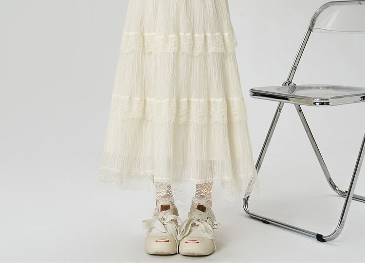 Layered Lace Maxi A-Line Skirt with High Waist and Panels