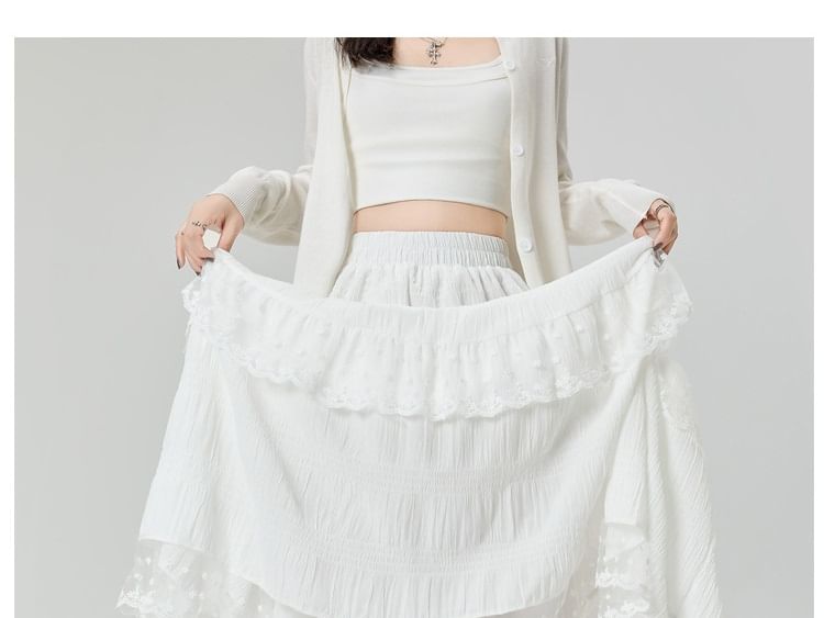 Tiered Lace Maxi A-Line Skirt with Elastic Waist