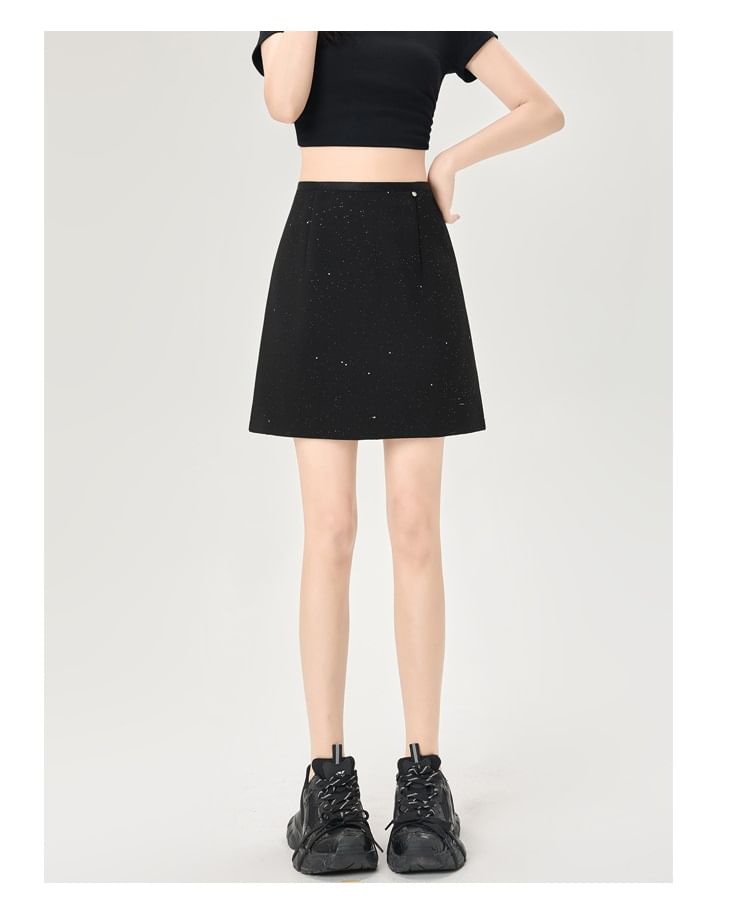 Shimmering Glitter Mini A-Line Skirt with High Rise