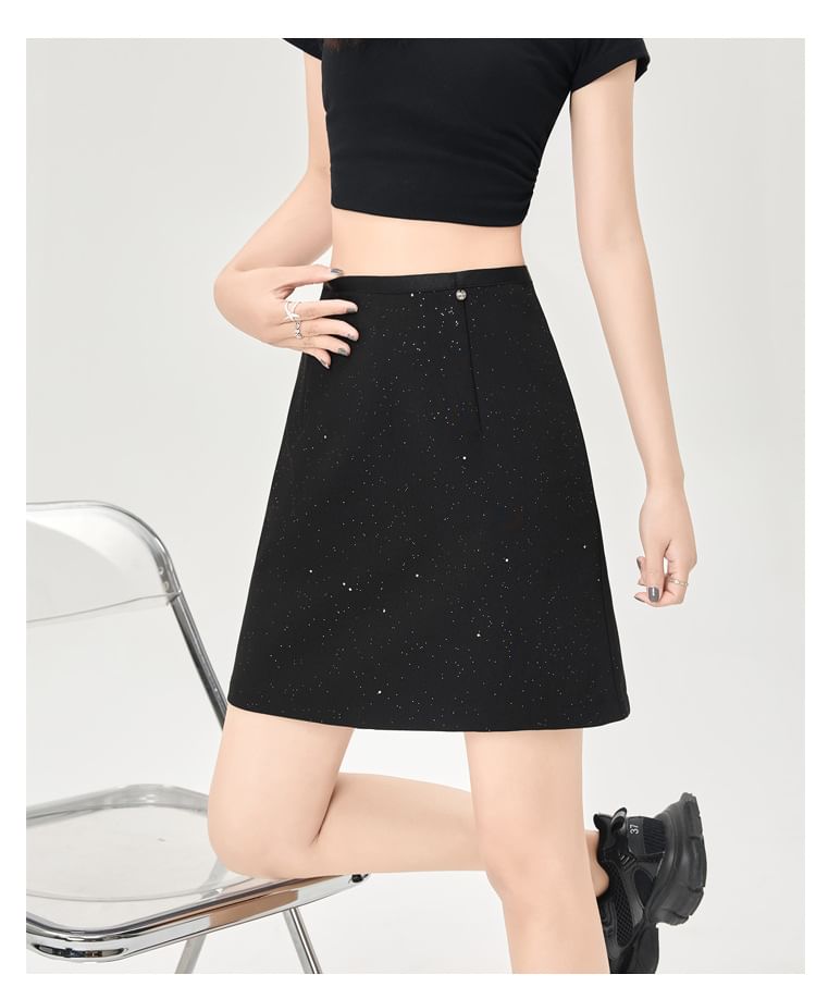 Shimmering Glitter Mini A-Line Skirt with High Rise
