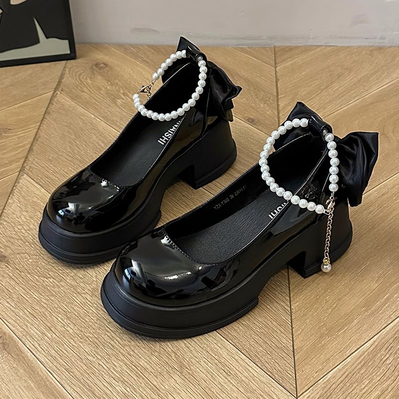 Ankle Platform Patent Pumps Bow Leather Strap