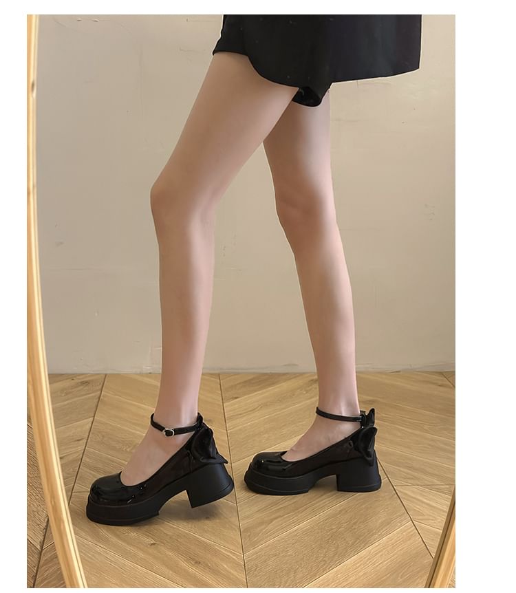 Ankle Platform Patent Pumps Bow Leather Strap