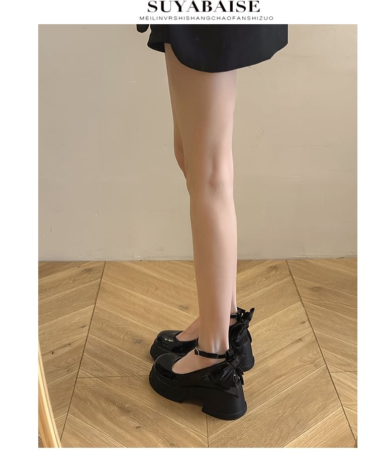 Ankle Platform Patent Pumps Bow Leather Strap