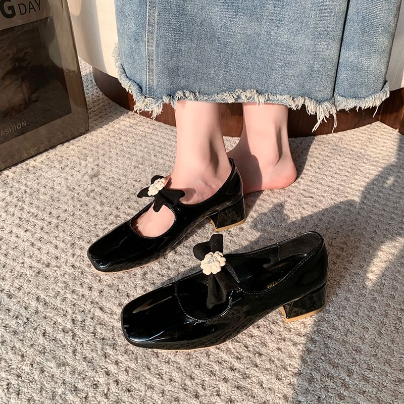 Mary Block Heel Pumps Jane Square Toe Bow Flower