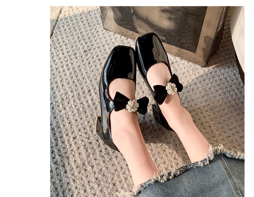 Mary Block Heel Pumps Jane Square Toe Bow Flower