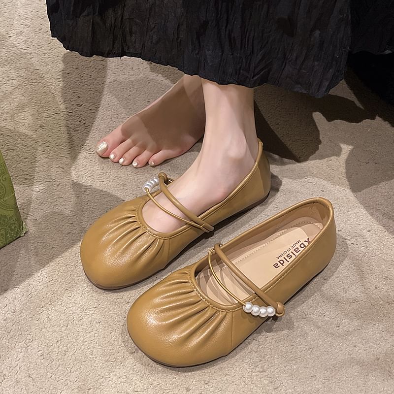 Faux Flats Mary Jane Beaded Ruched Pearl