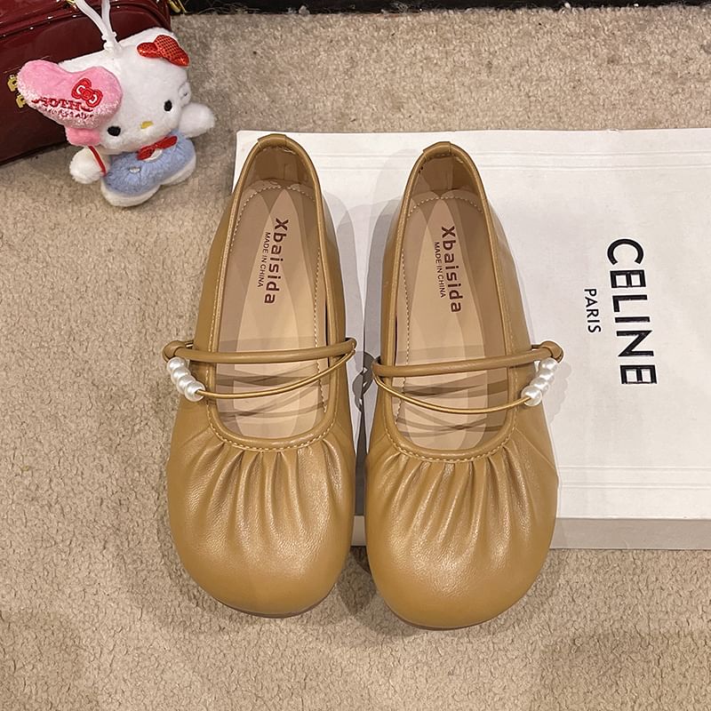 Faux Flats Mary Jane Beaded Ruched Pearl