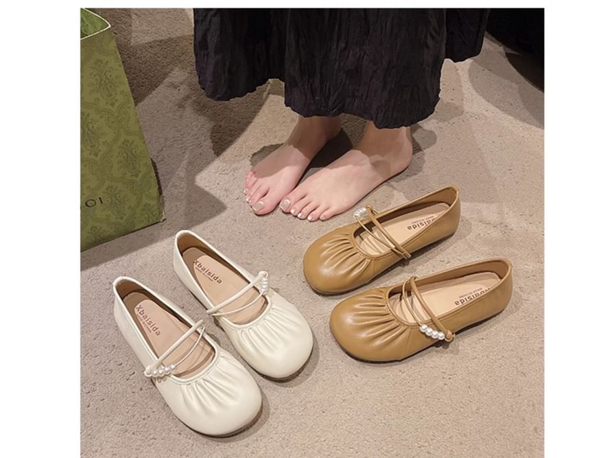 Faux Flats Mary Jane Beaded Ruched Pearl