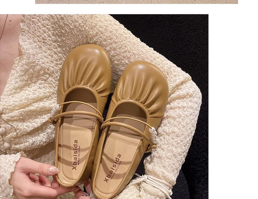 Faux Flats Mary Jane Beaded Ruched Pearl