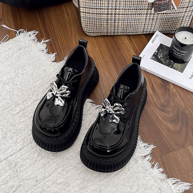 Lace Leather Platform Shoes Patent Up