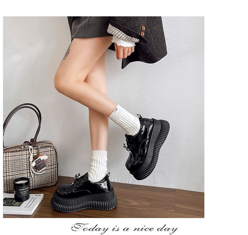 Lace Leather Platform Shoes Patent Up