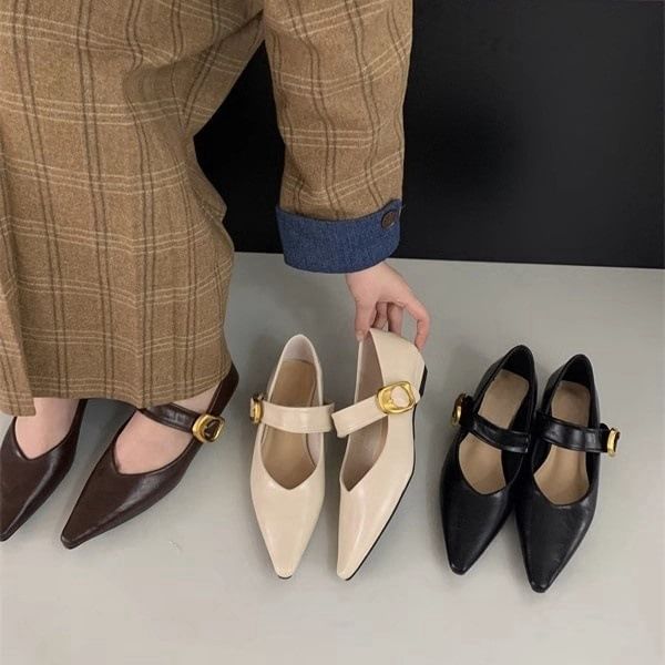 Faux Mary Leather Pointed Toe Plain Shoes Jane