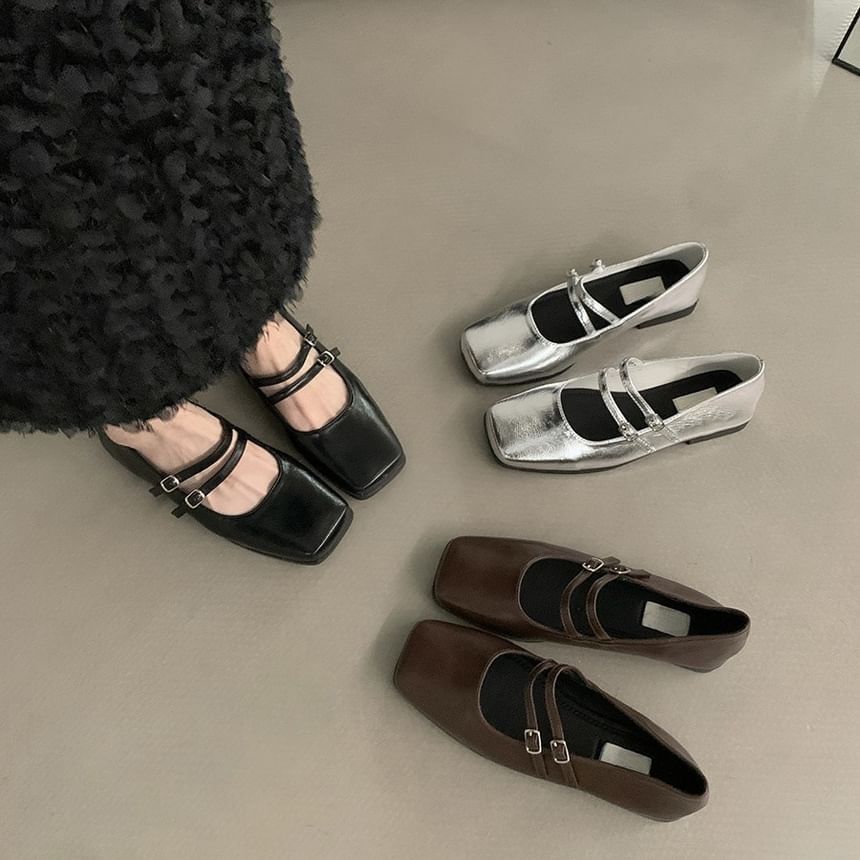 Toe Jane Mary Square Double Shoes Faux Leather Strap