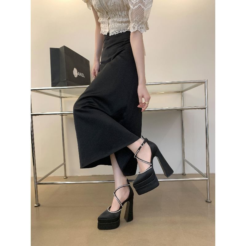 D'Orsay Chunky Pumps Toe Rhinestone Accent Heel Pointed