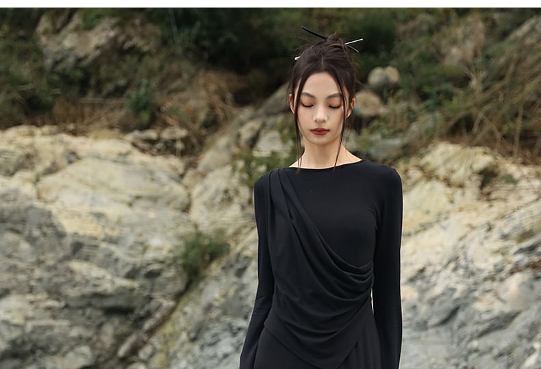 Mock Two-Piece Ruched Crew Neck Long Sleeve A-Line Maxi