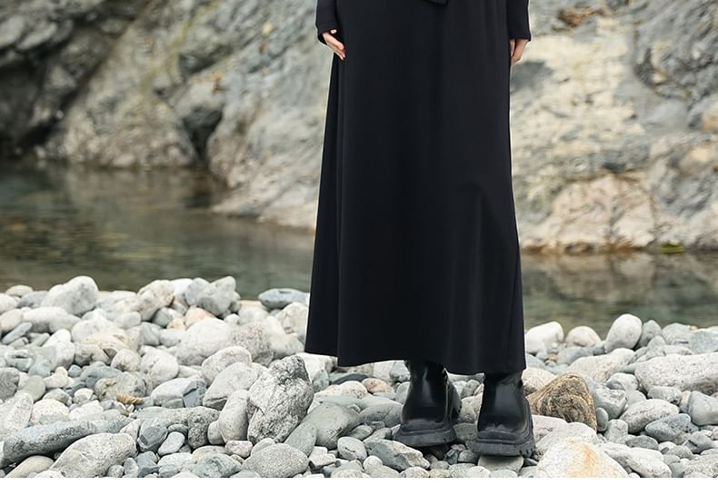 Mock Two-Piece Ruched Crew Neck Long Sleeve A-Line Maxi