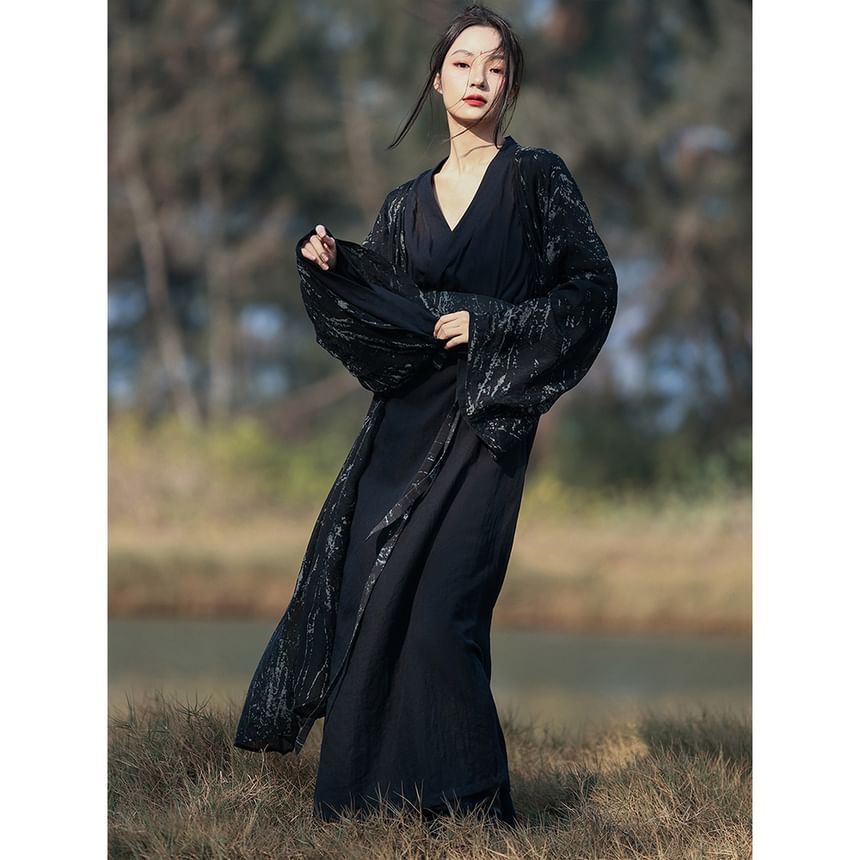 Long Sleeve Wrap Dress with Tie-Dye Jacket and Belt Set