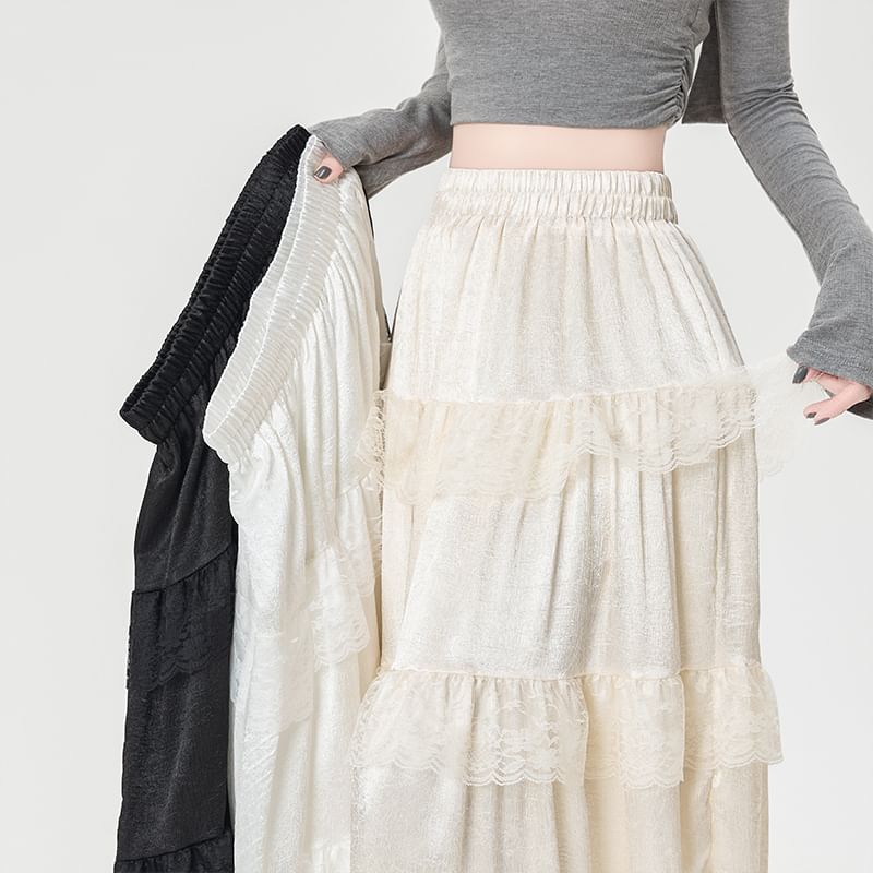 Maxi Plain Trim High A-Line Skirt Rise Lace