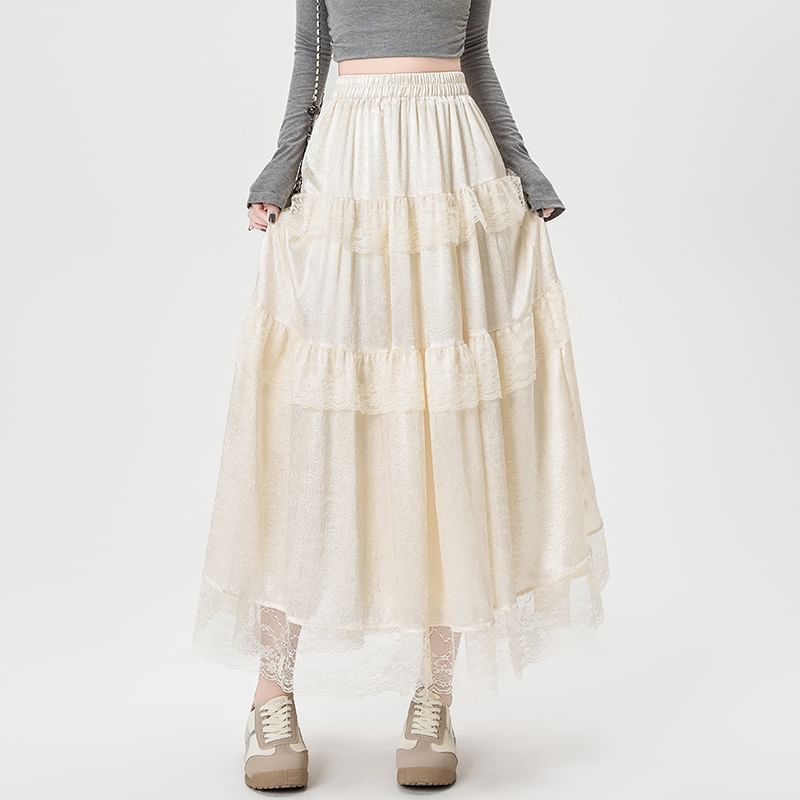 Maxi Plain Trim High A-Line Skirt Rise Lace