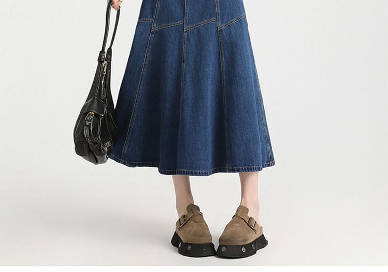 Contrast High Stitching Skirt Denim A-Line Rise Midi