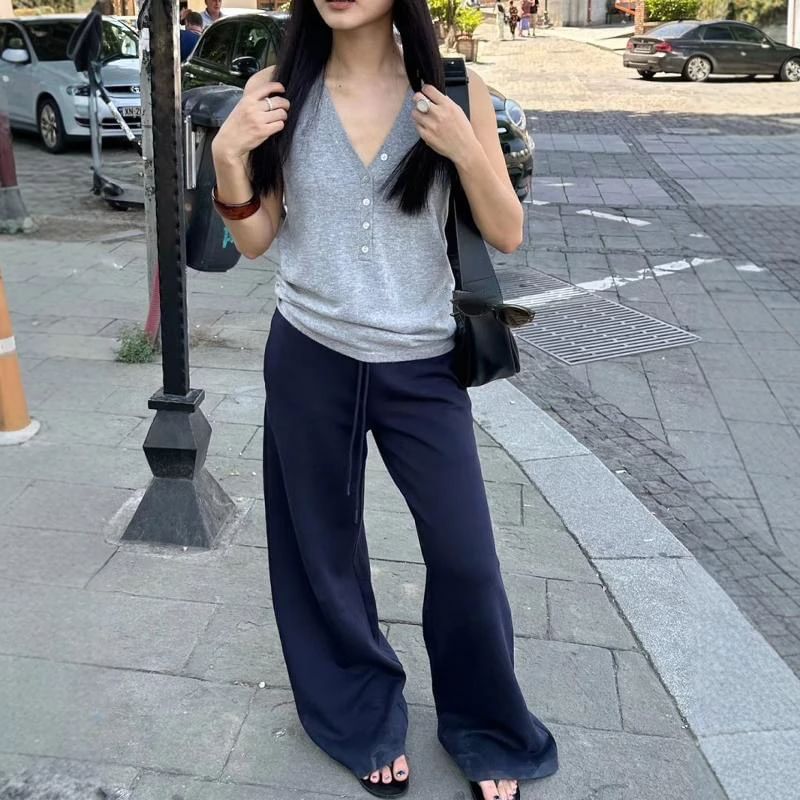 Leg Plain Rise Pants High Wide