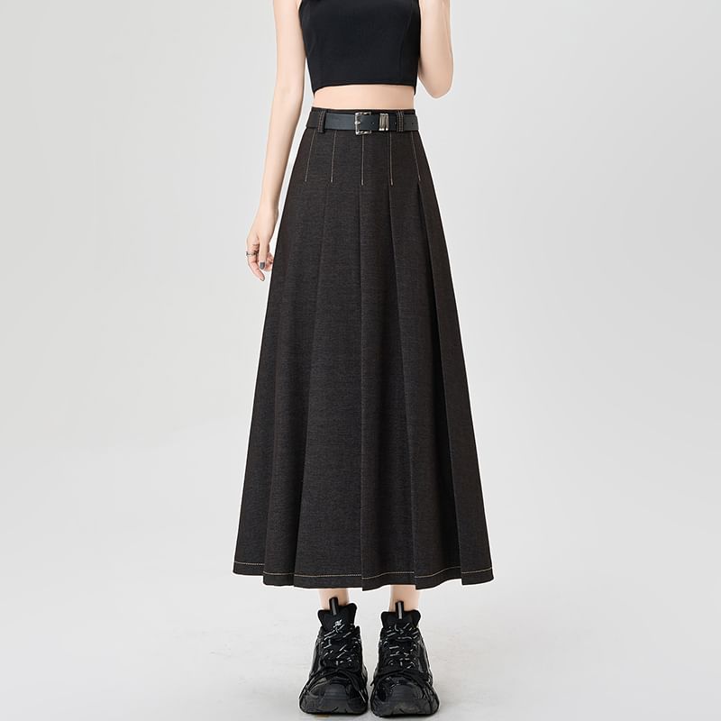 High Skirt Rise Contrast Denim Maxi Accordion Stitching A-Line Pleated