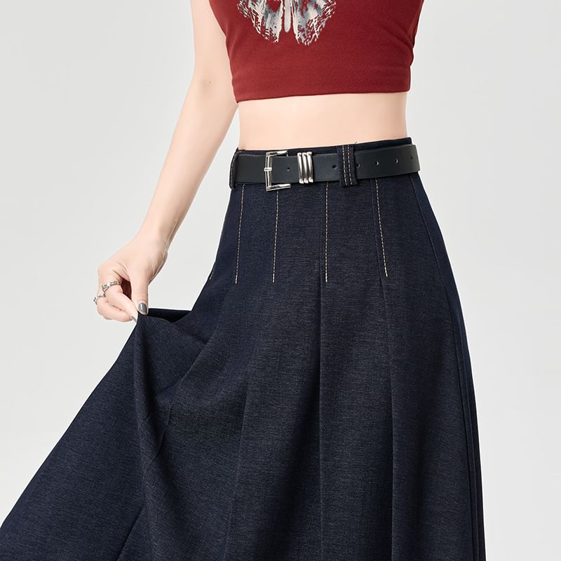 High Skirt Rise Contrast Denim Maxi Accordion Stitching A-Line Pleated