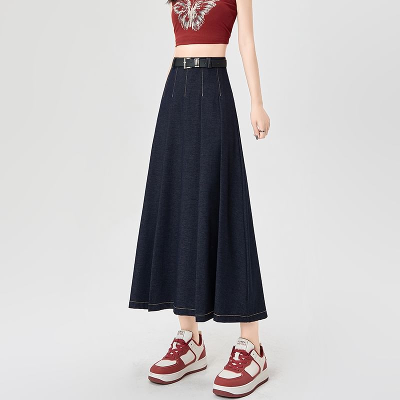High Skirt Rise Contrast Denim Maxi Accordion Stitching A-Line Pleated
