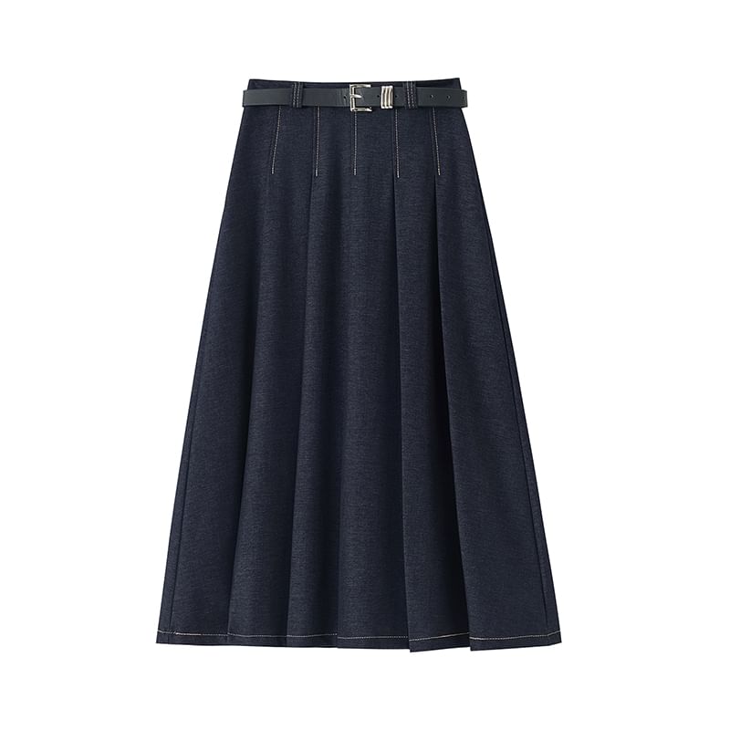 High Skirt Rise Contrast Denim Maxi Accordion Stitching A-Line Pleated
