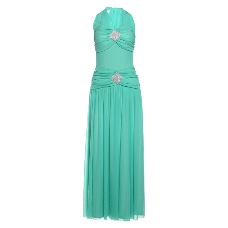 Ruched Halter Neck Sleeveless A-Line Maxi Dress