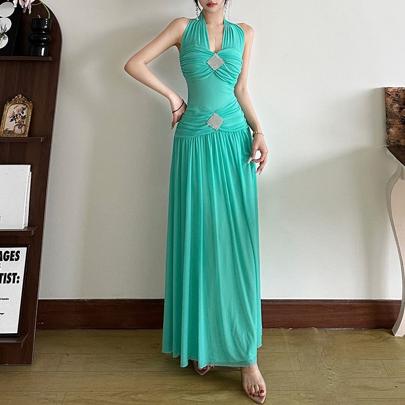 Ruched Halter Neck Sleeveless A-Line Maxi Dress