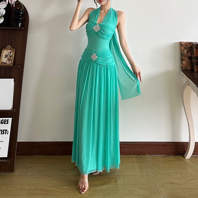 Ruched Halter Neck Sleeveless A-Line Maxi Dress