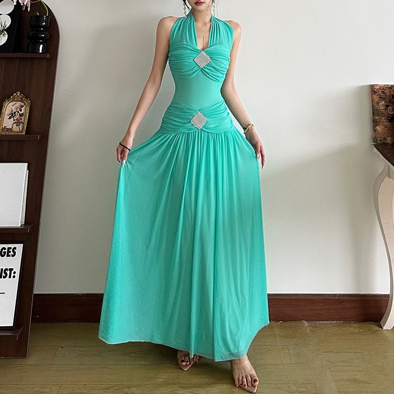 Ruched Halter Neck Sleeveless A-Line Maxi Dress
