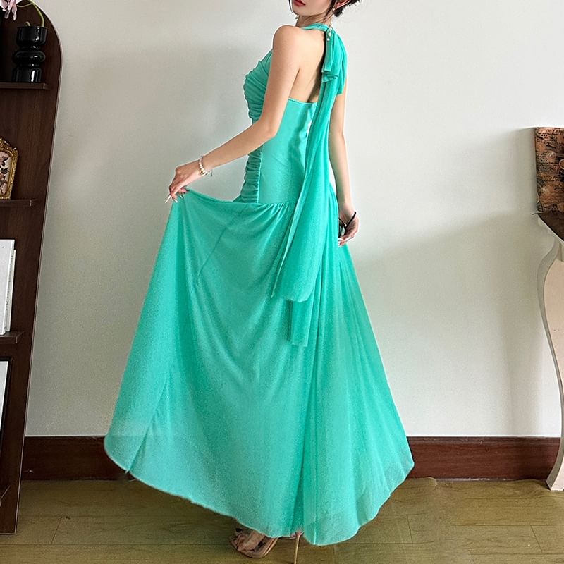 Ruched Halter Neck Sleeveless A-Line Maxi Dress