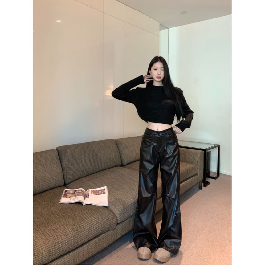 Top Faux Crop Leg Leather Plain Long-Sleeve Pants Rise Round High / Neck Wide