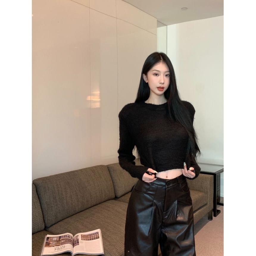 Top Faux Crop Leg Leather Plain Long-Sleeve Pants Rise Round High / Neck Wide