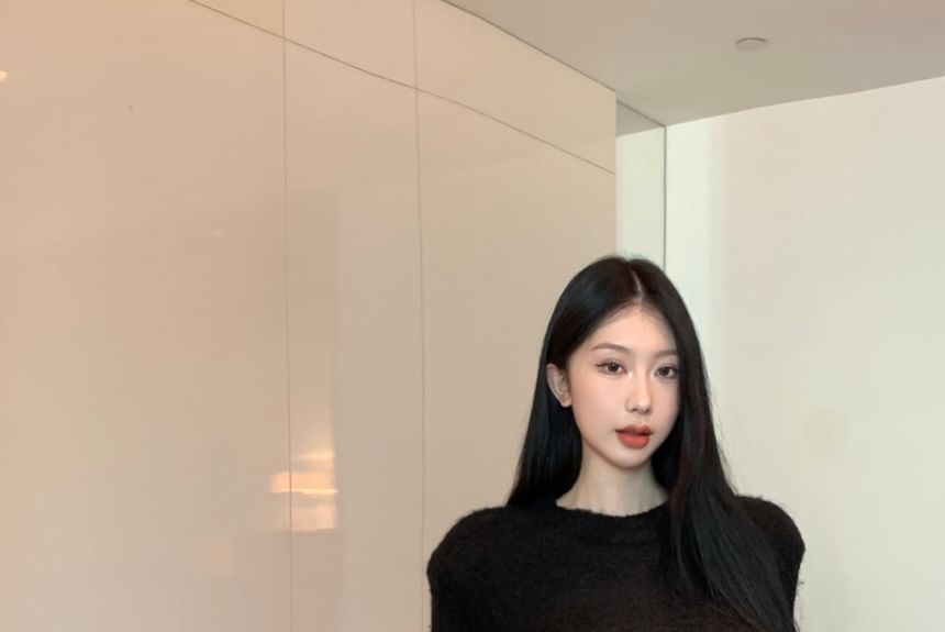 Top Faux Crop Leg Leather Plain Long-Sleeve Pants Rise Round High / Neck Wide